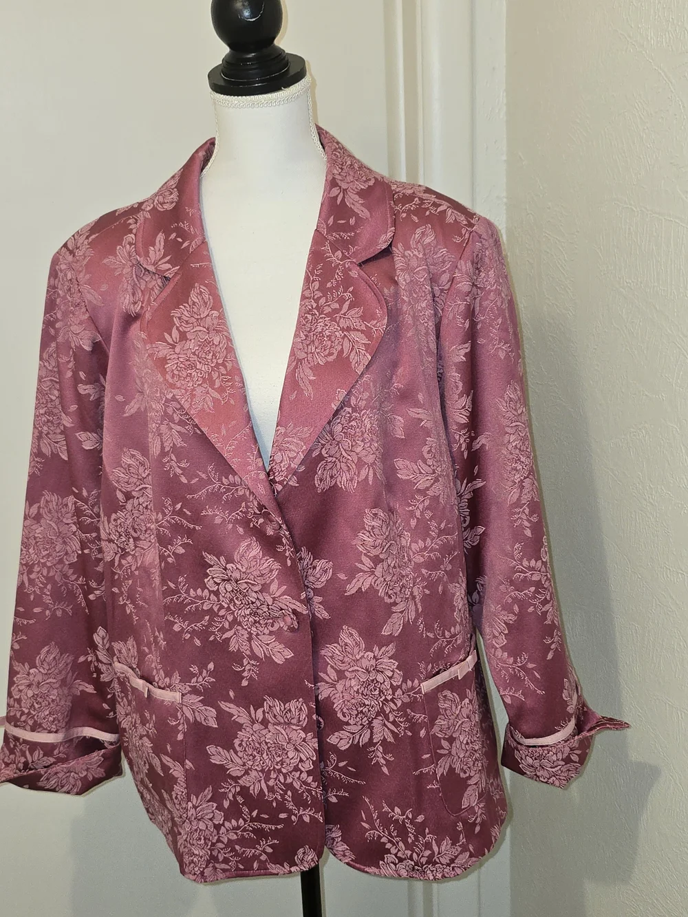 Rose Pink Floral Satin Blazer Jacket